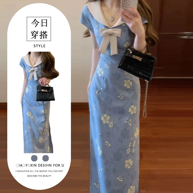 T256922夏季新中式国风蓝色娃娃领改良连衣裙收腰气质长裙