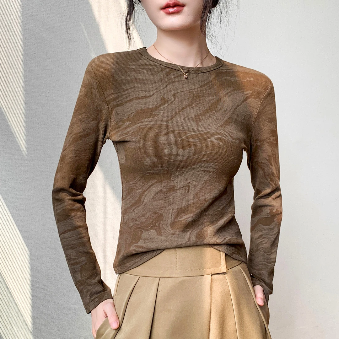 圆领正肩长袖T恤女秋季新款修身显瘦扎染设计感小众内搭别致上衣