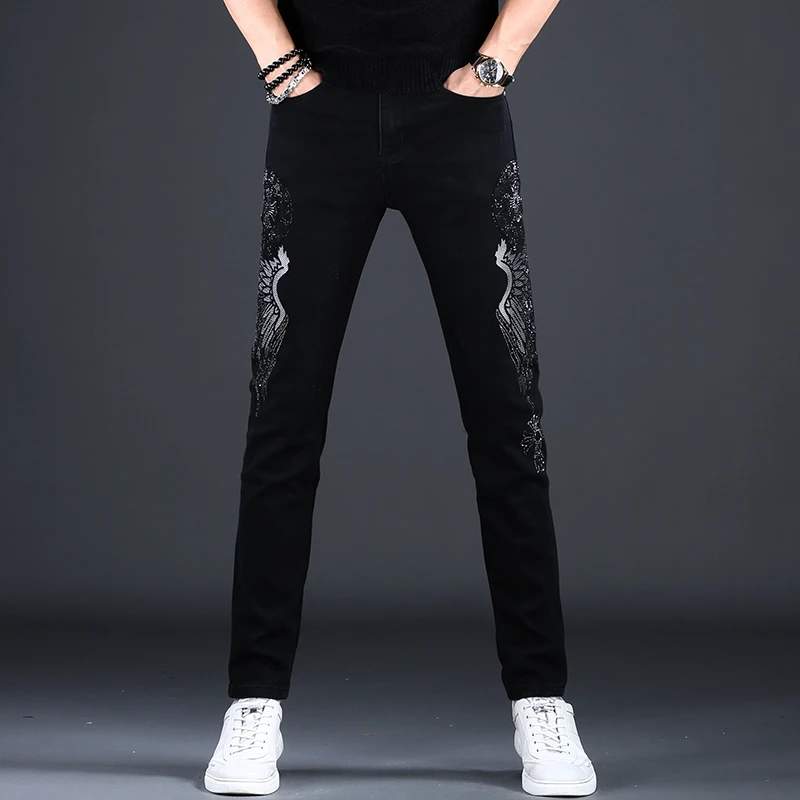 霍科比特轻奢黑色牛仔裤男士烫钻修身小脚裤春秋百搭弹力休闲长裤