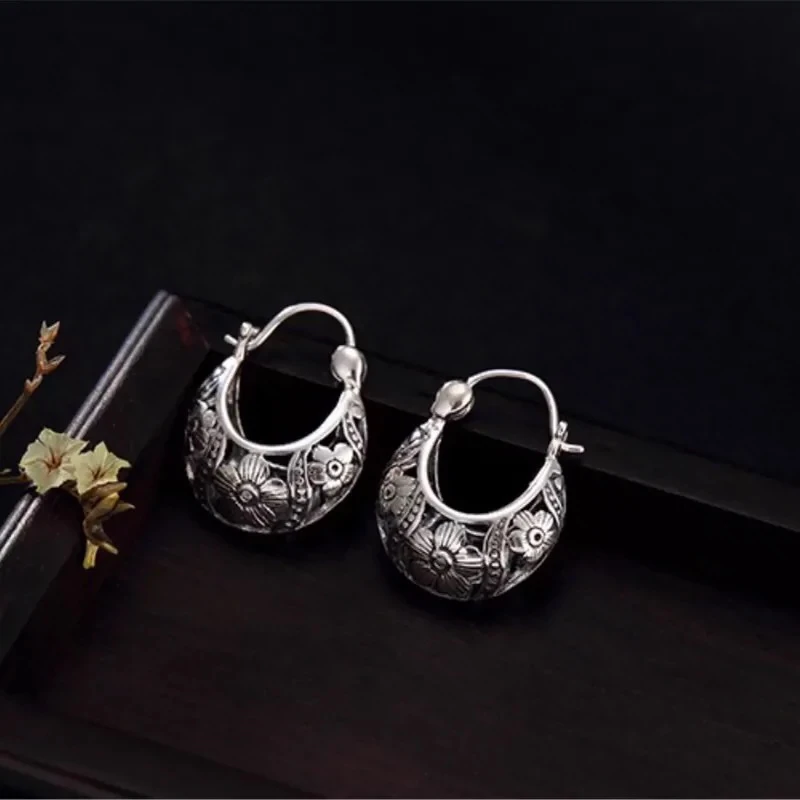 925银耳饰 五福花瓣包包耳饰C2686国潮民族风