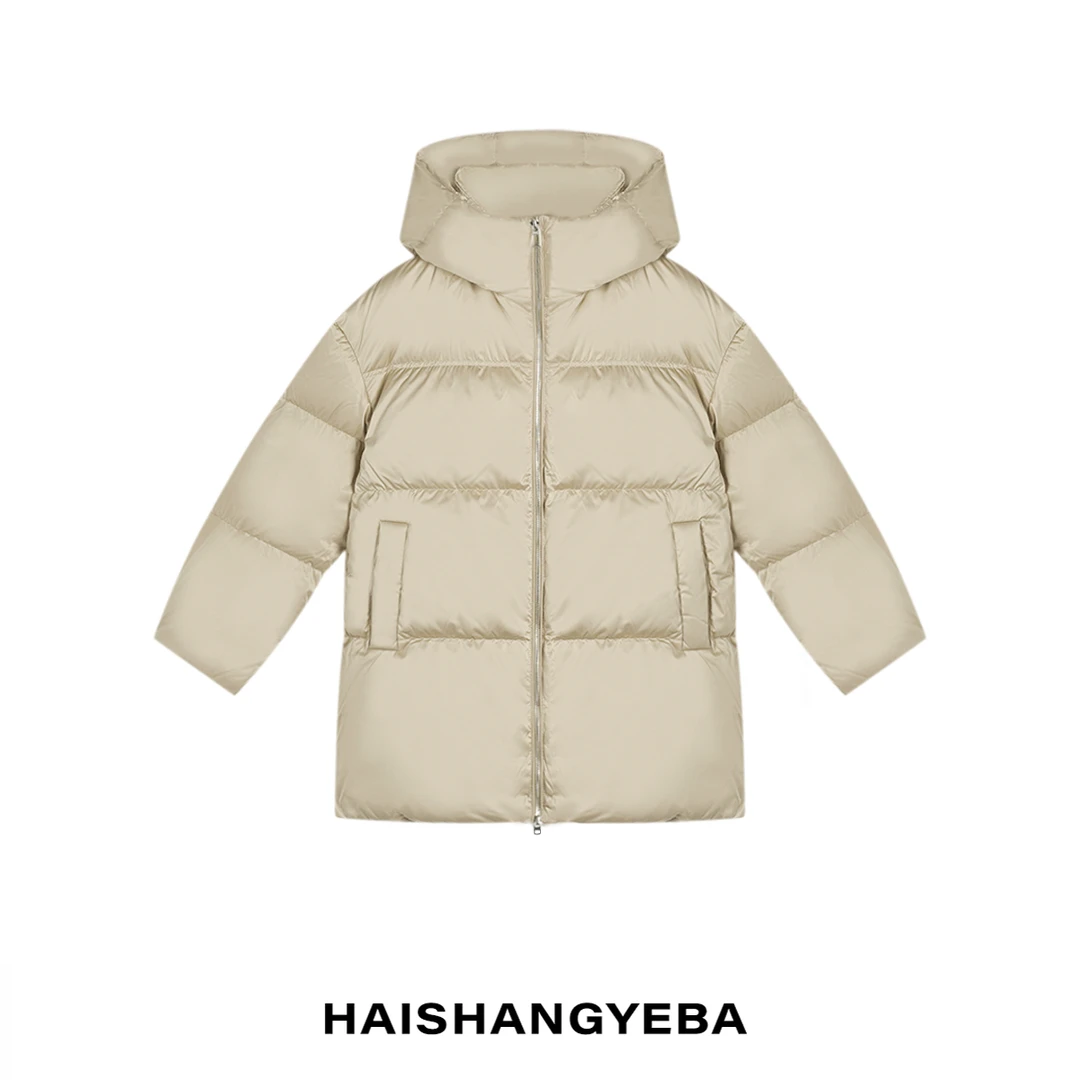 【海上叶爸】新款2024冬百搭90白鸭绒连帽双头拉链中长保暖羽绒服