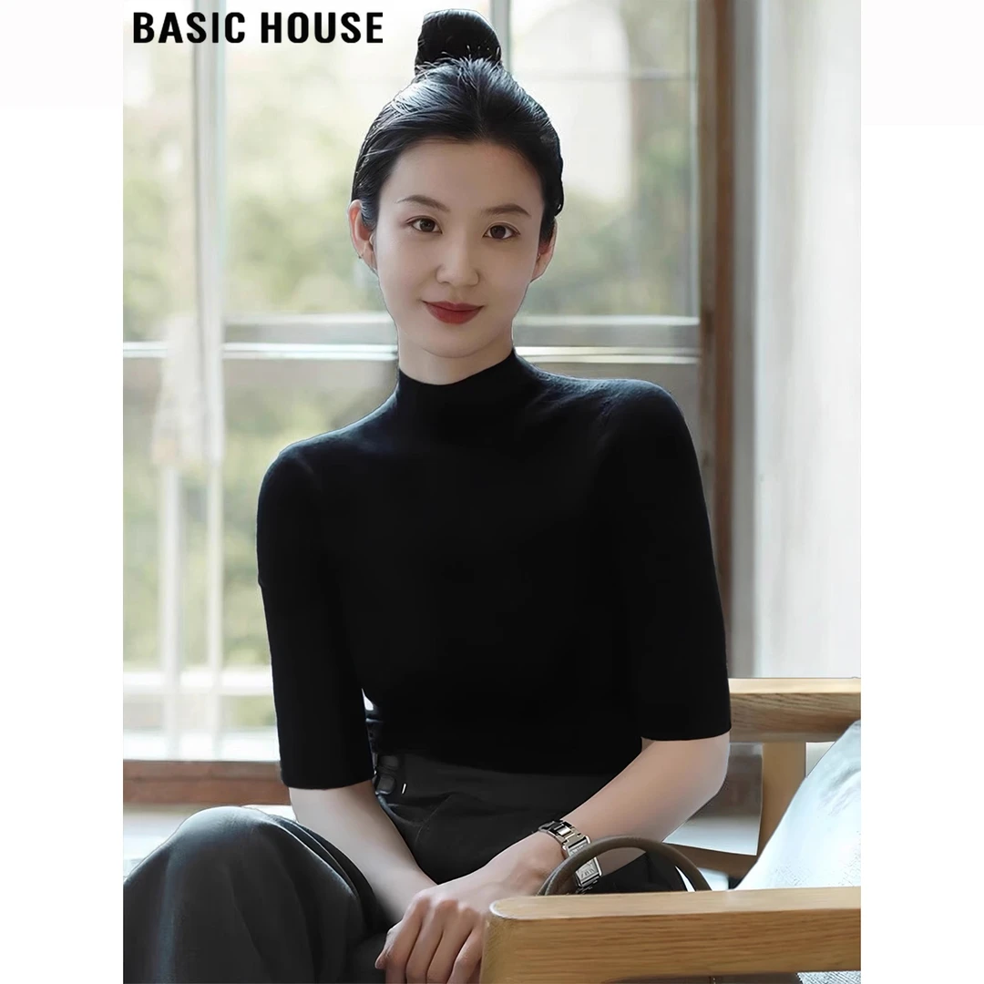 Basic House/百家好黑色半高领中袖针织衫女2025夏季新款简约上衣