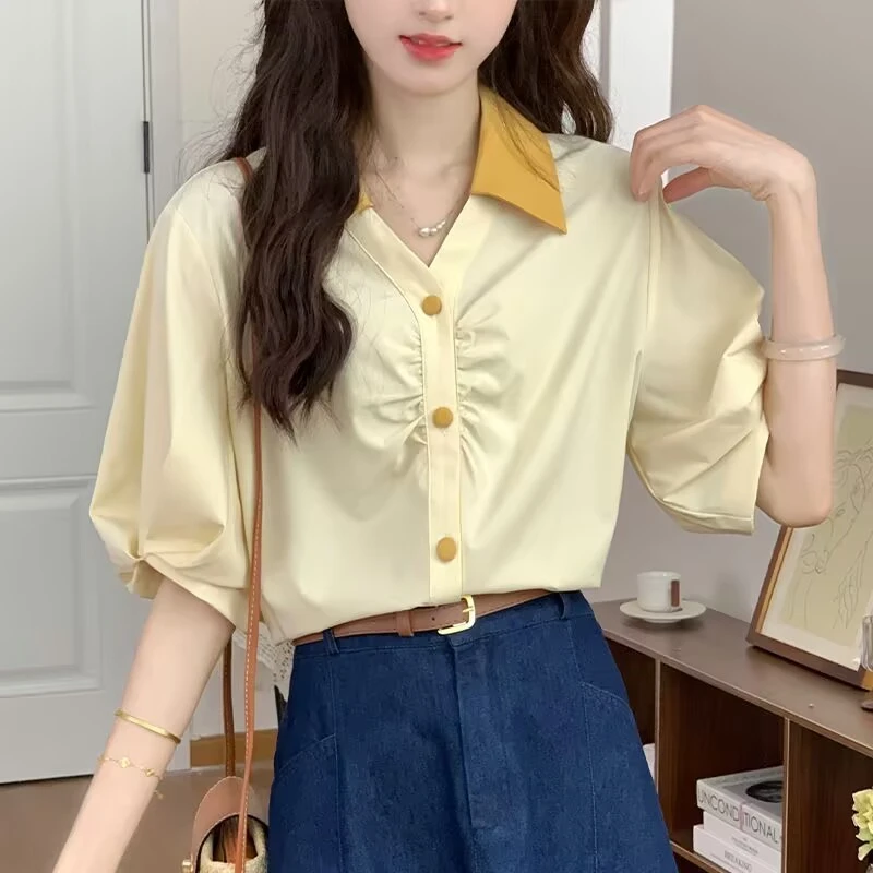 夏季短袖法式夏季小香风通勤衬衫简约衬衣纯色设计感时尚百搭衬衣