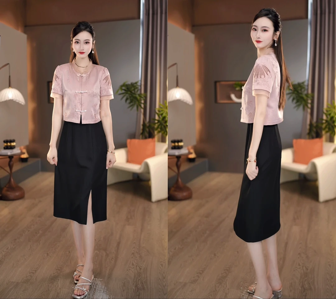 2025夏款新中式粉色镂空设计盘扣短袖外套+黑色显瘦连衣裙两件套