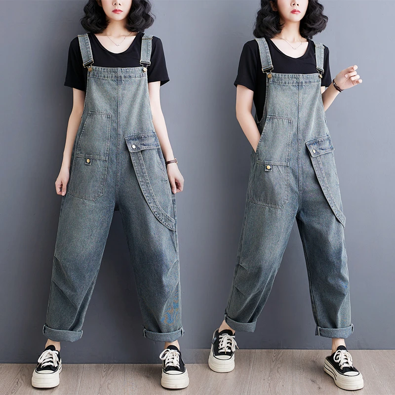 2025夏季新款文艺复古大码宽松牛仔背带裤