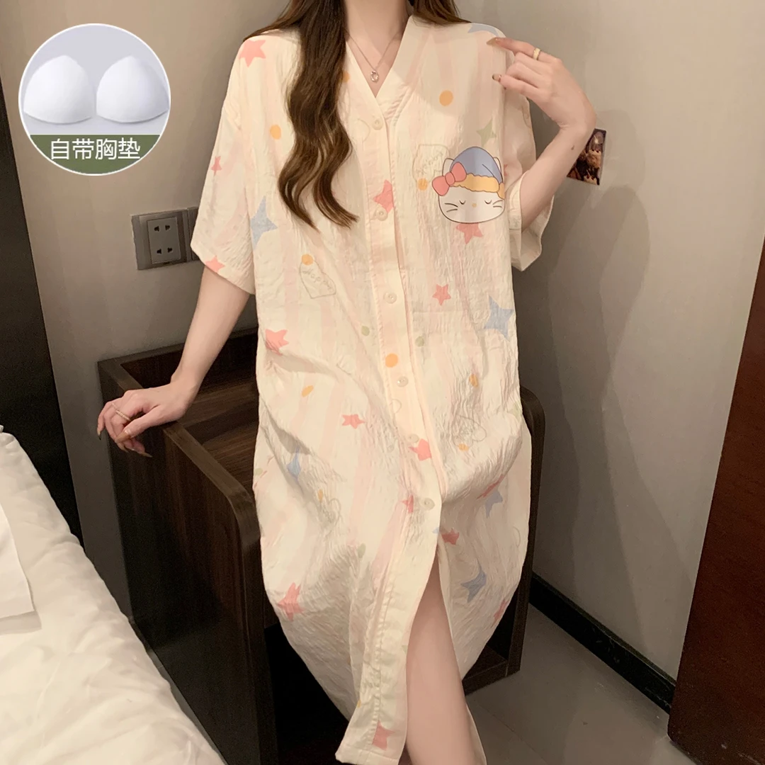 云朵棉带胸垫睡裙新款夏季甜美宽松短袖开衫睡衣可外穿家居服