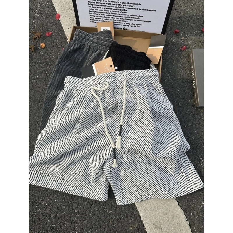 小香风针织短裤男夏季高级感休闲运动五分裤斑马纹宽松阔腿半裤子