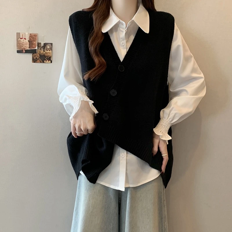 【71206&4230】春装新款大码百搭不对称针织毛背心喇叭衬衣显瘦套装