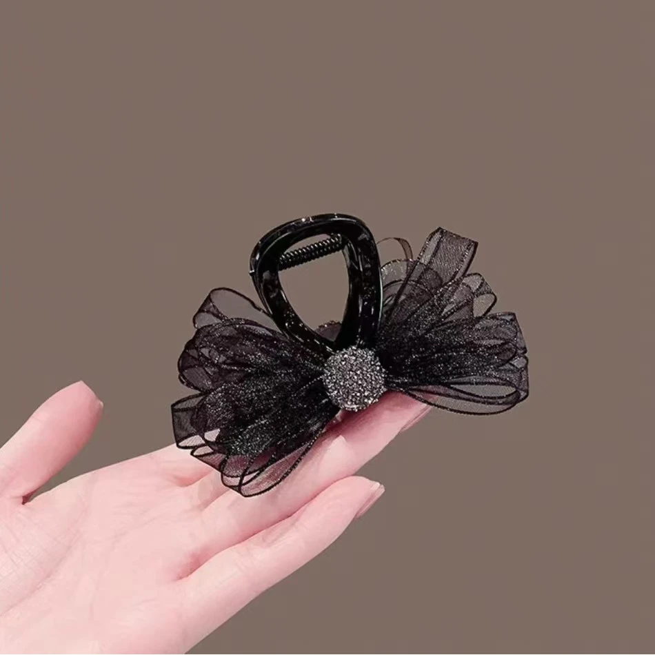 高级感黑色网纱蝴蝶结抓夹女2025新款中号发夹子后脑勺半扎发马尾