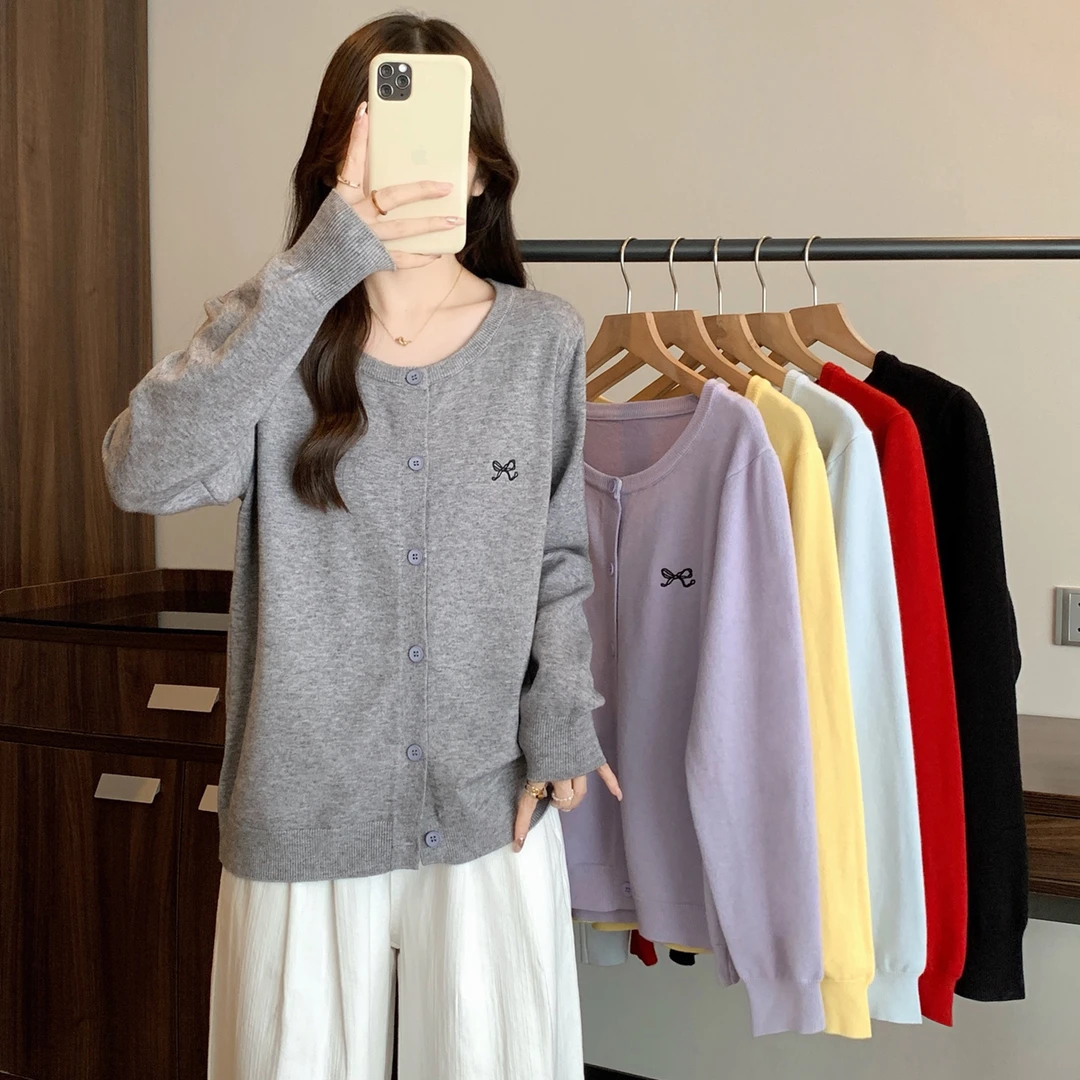 宽松刺绣针织开衫上衣胖mm显瘦百搭休闲毛衣外套女装2025秋装新款
