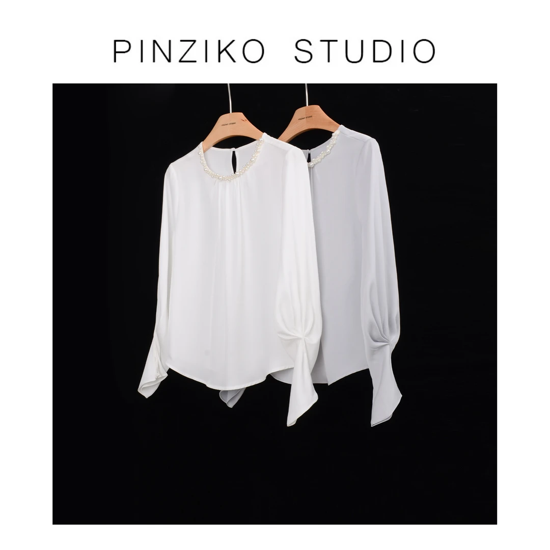 【PINZIKO】星梦织语~法式气质重工钉珠套头衬衫百搭通勤上衣TJF029