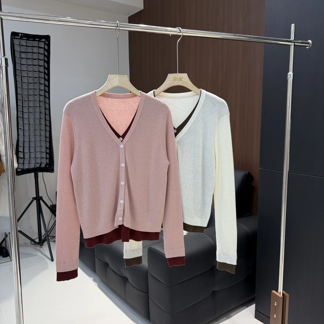 2025小众假两件针织开衫女气质拼色通勤薄款毛衣 均码90_130 6723