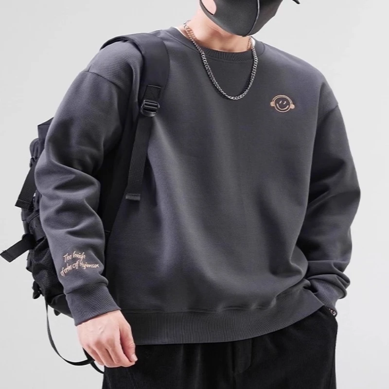 仓石一树潮牌笑脸刺绣圆领休闲卫衣男士秋冬加绒重磅宽松长袖t恤