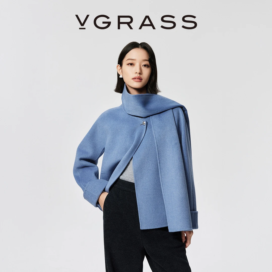 VGRASS25秋冬新款绵羊毛混纺双面呢多穿造型围巾领宽松短大衣外套