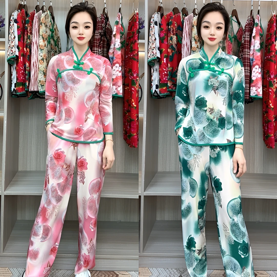 女士春夏新款套装九分袖直通阔腿裤修身显瘦新中式两件套