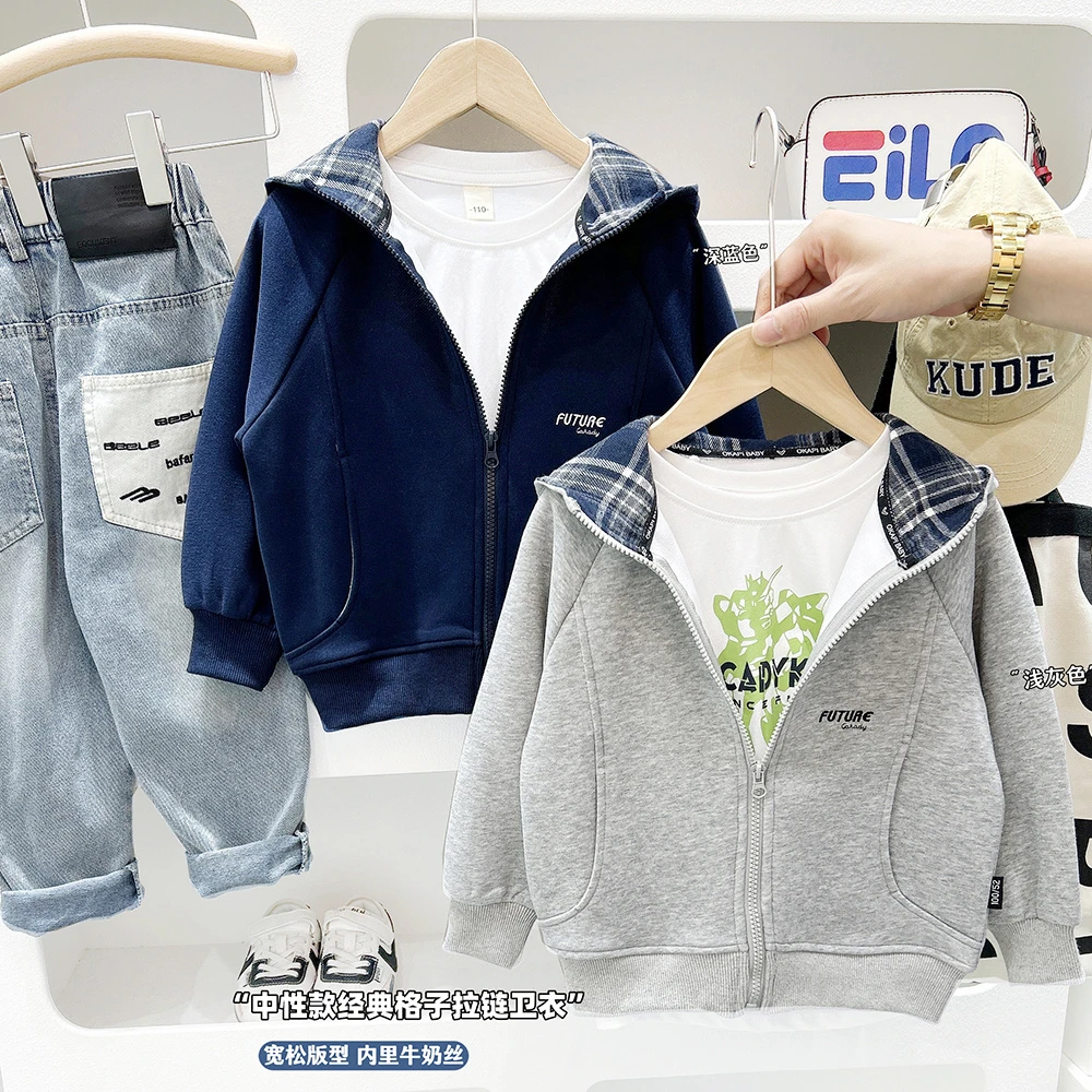 男童连帽拉链外套2025春秋季新款儿童开衫卫衣格子运动上衣7150