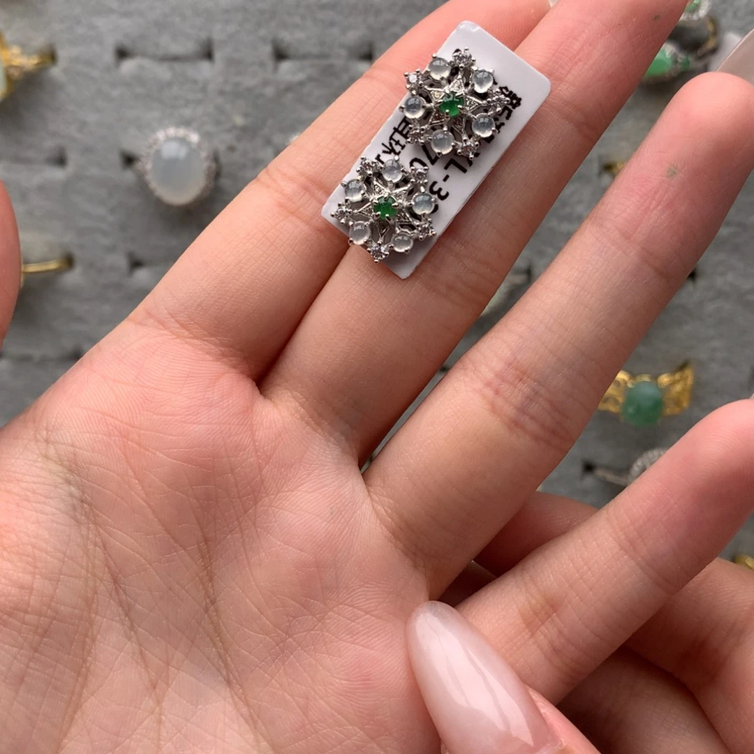 翡翠银S925镶嵌戒指耳钉