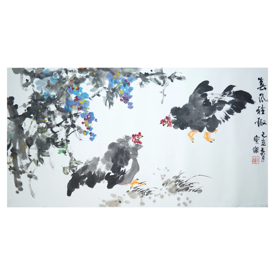 紫藤下斗鸡彩绘图