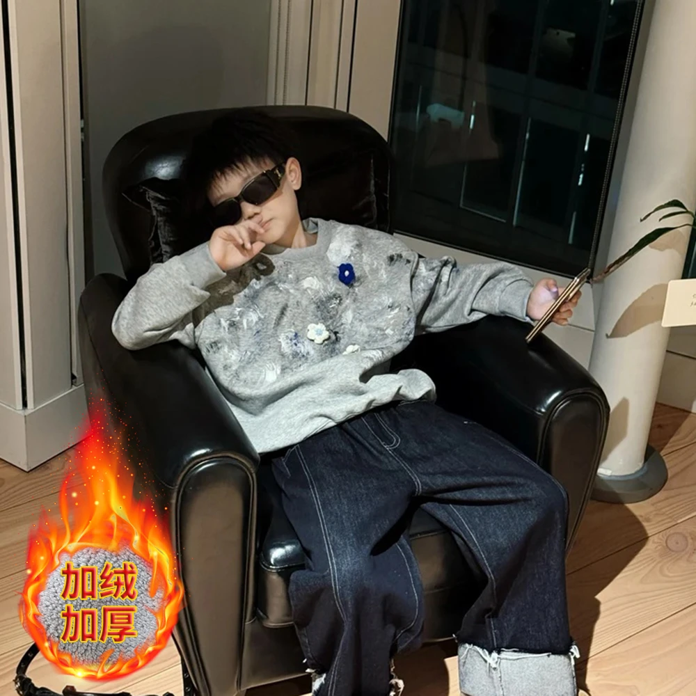 男童秋冬装加绒卫衣儿童港风衣服童装男孩保暖上衣中大童潮酷痞帅