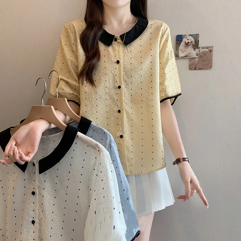 2025夏装新款胖mm大码女撞色圆点拼接小清新短袖小衫上衣35326