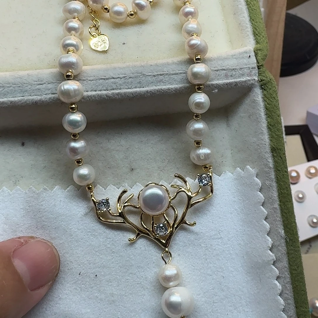 颈饰合金淡水珍珠鹿角项链微瑕