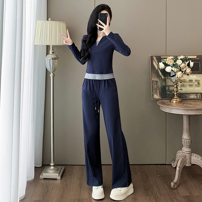 欧货休闲运动套装女春秋2025新款高级感洋气长袖假两件上衣两件套