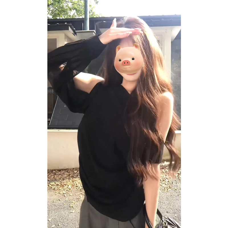 法式不规则斜肩黑色长袖T恤女夏季薄款2025新款修身辣妹露肩上衣