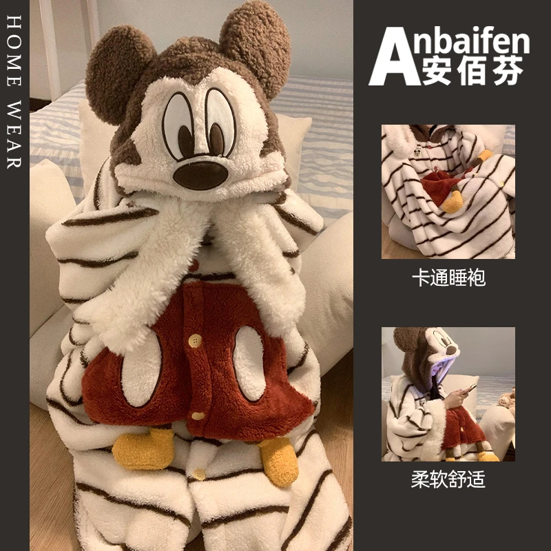 可爱米奇毛绒睡裙女秋冬款珊瑚绒长袖保暖加厚加绒连帽睡衣法兰绒