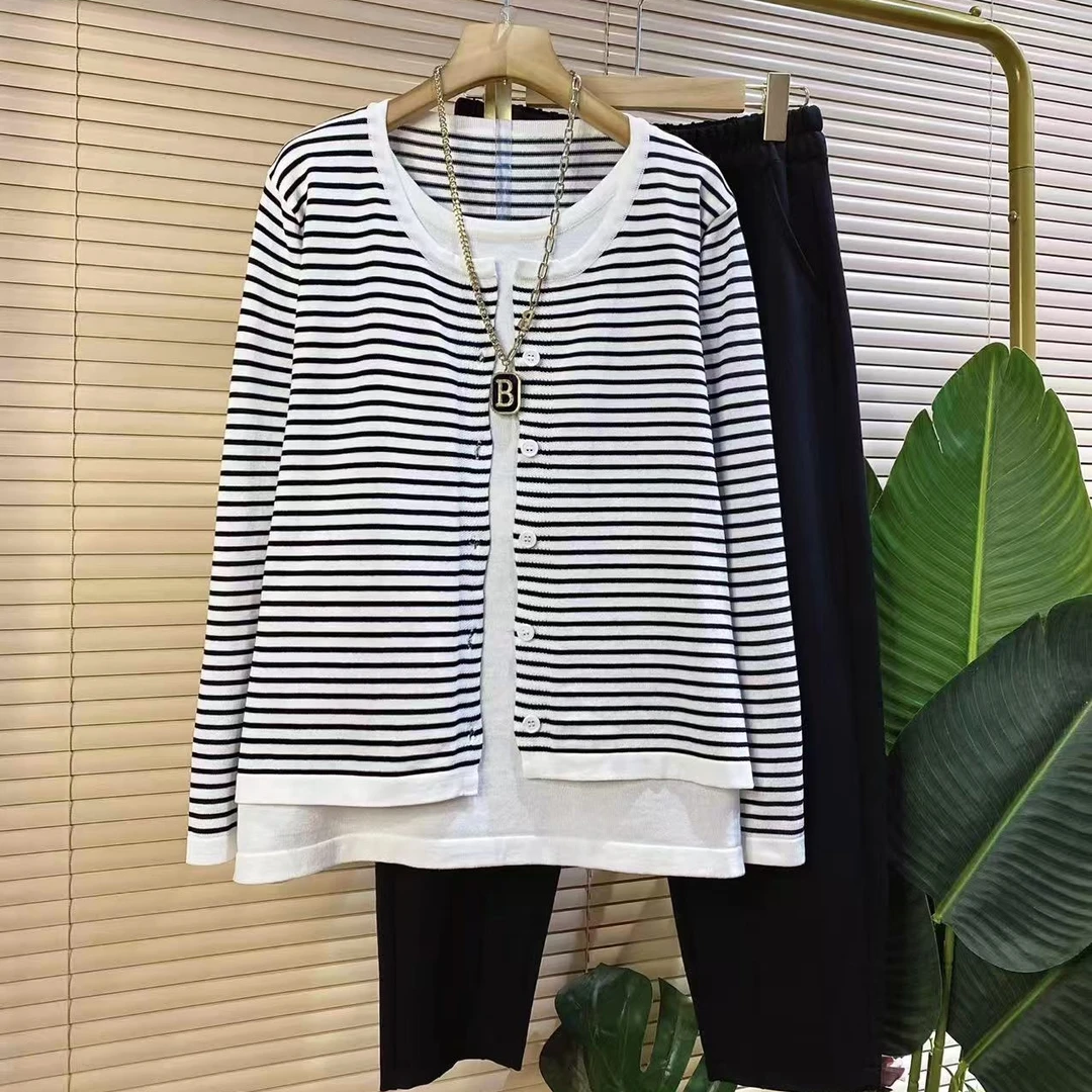 Y胖mm欧货时尚新款秋季洋气假两件针织衫裤子套装