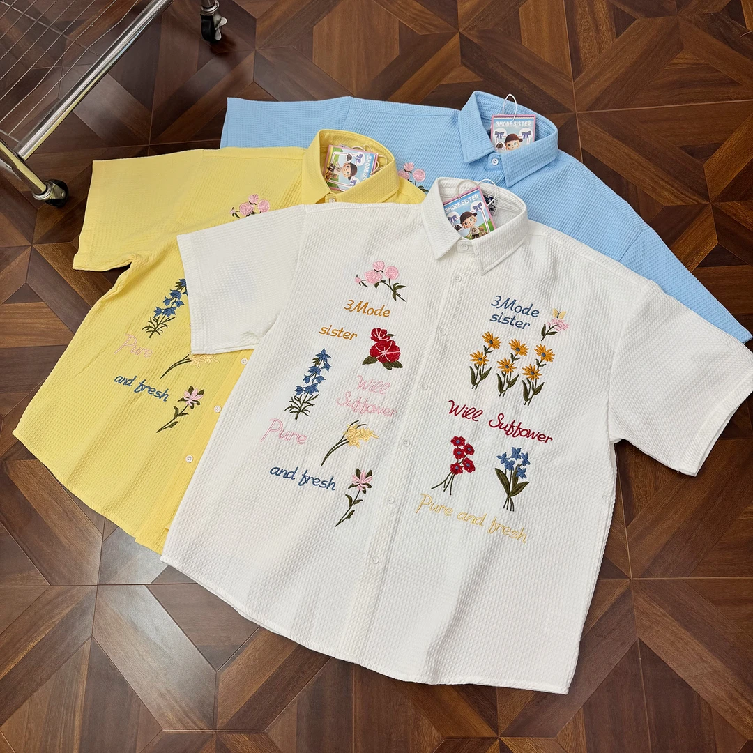 CURPOPP 原创明星同款华夫格花卉刺绣短袖衬衣男女宽松慵懒风衬衫