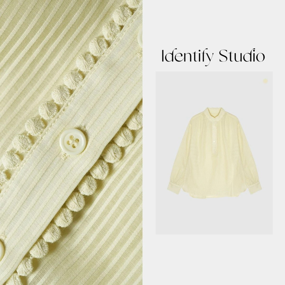 IDENTIFY香香“云卷云舒”春季新款花边条纹拼接长袖衬衫上衣25SS