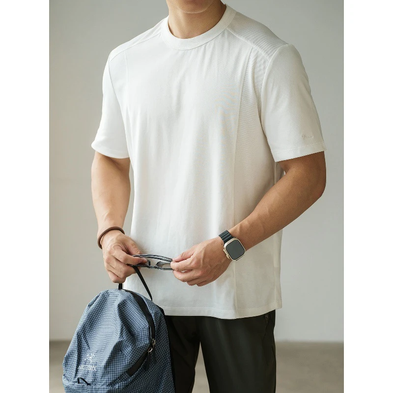 棉感立裁压褶线短袖T恤男2025夏新款t恤白色透气通勤美式运动上衣