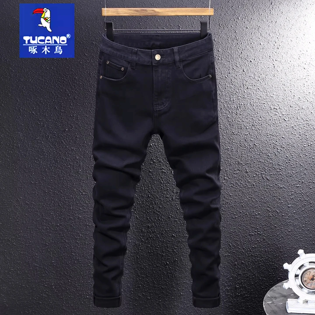 啄木鸟商务高档重磅水洗做旧黑灰牛仔裤秋冬新款修身小脚弹力长裤