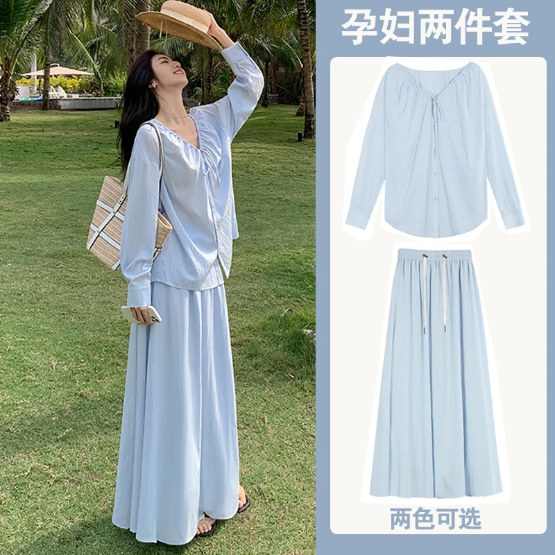 孕妇装2025新款春慵懒风V领防晒气质衬衫+宽松A字半身长裙套装