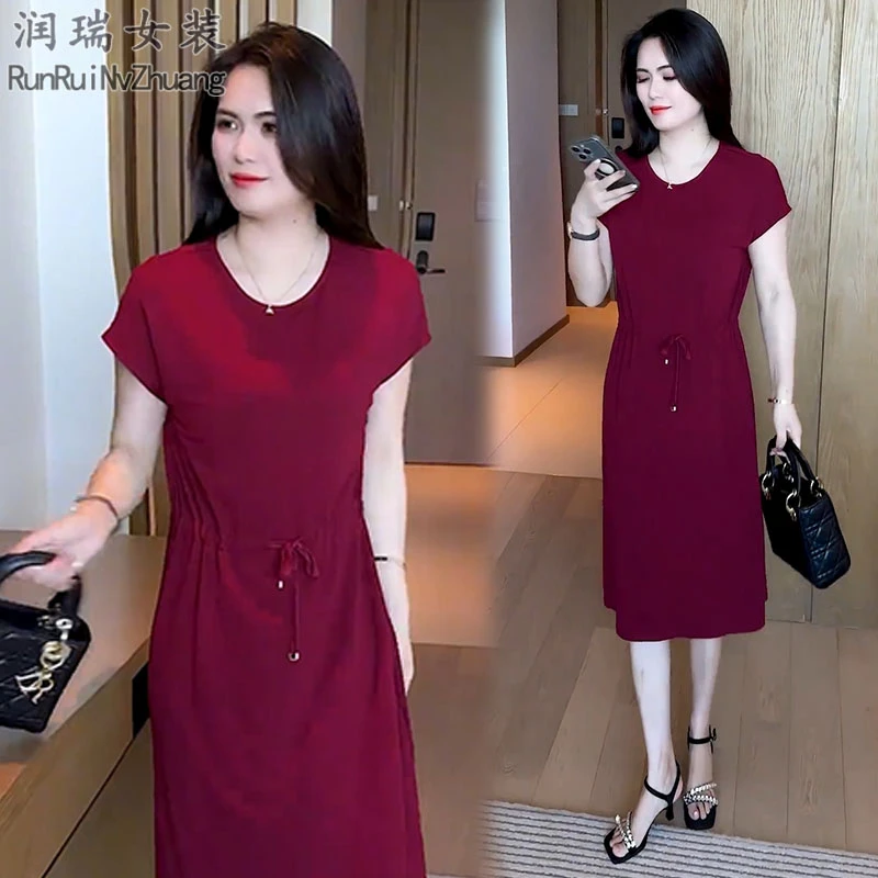 气质优雅短袖连衣裙女2025夏季新款纯色收腰显瘦妈妈装中长款裙子