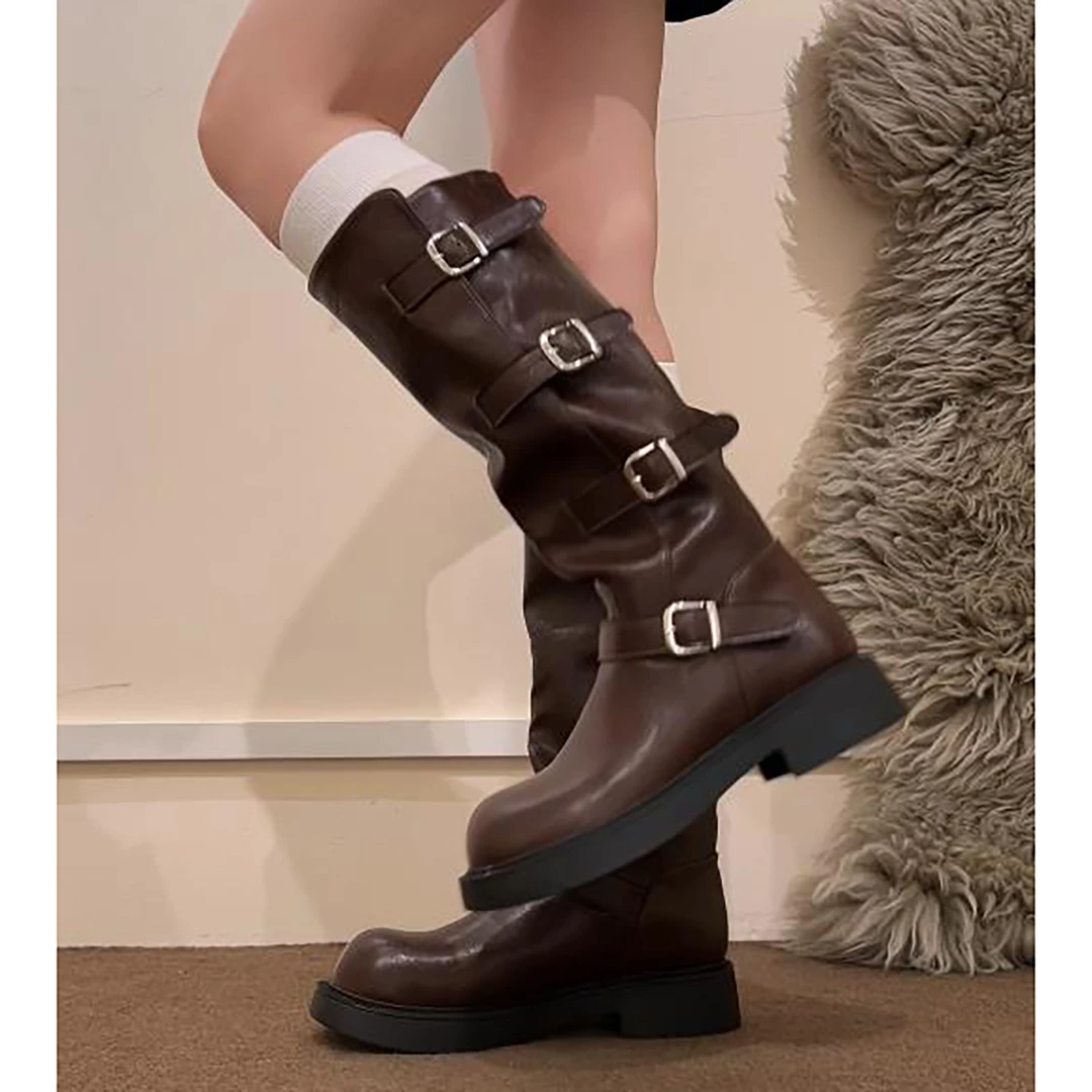 美拉德棕色英伦厚底增高靴子女长筒靴2025新款秋季显瘦粗跟骑士靴