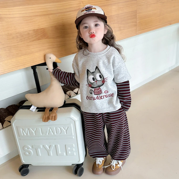 女童套装春秋季2025新款儿童春装洋气时髦假两件女孩宝宝条纹卫衣