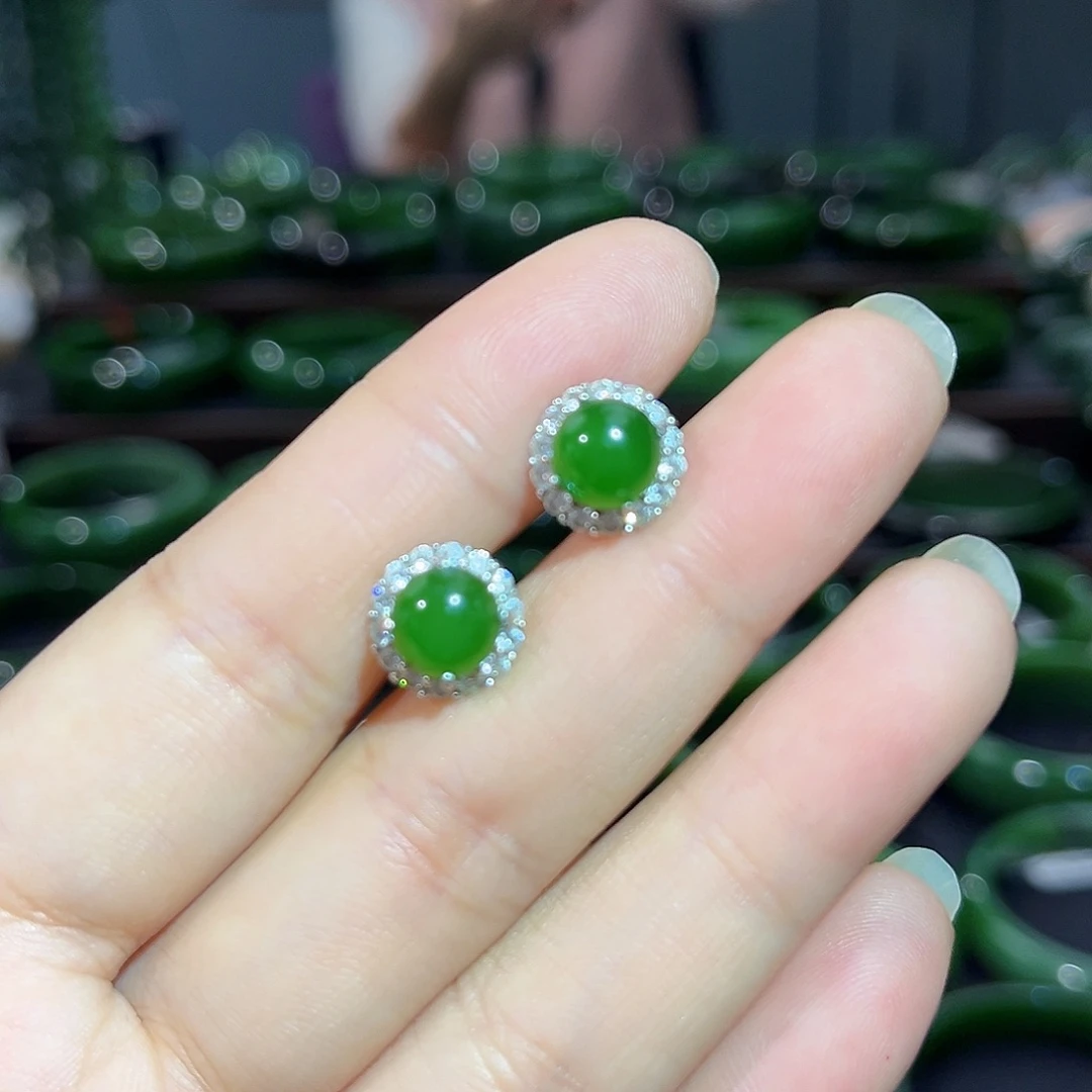 银S925镶嵌和田玉（碧玉）耳饰