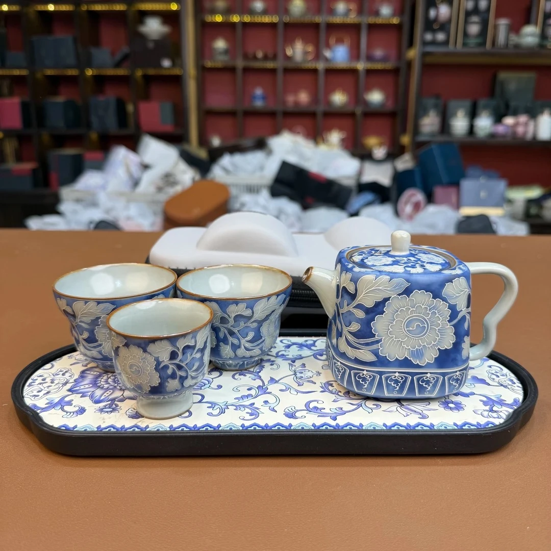 ZH2962-元青花四方葫芦快客+缠枝莲干泡盘