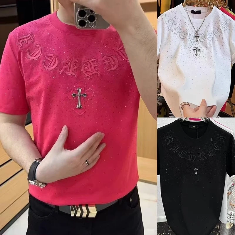 新款男士短袖t恤春夏轻奢潮牌男装休闲时尚烫钻韩版圆领半袖上衣