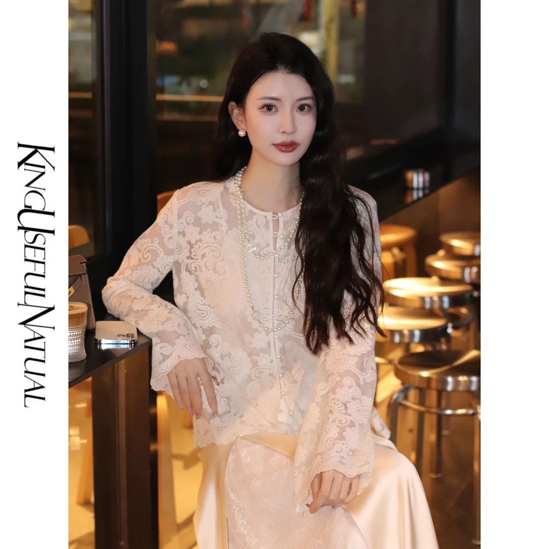 KUN  【清风白茶】温婉 蕾丝衬衫女罩衫设计感打底上衣2025春季新款