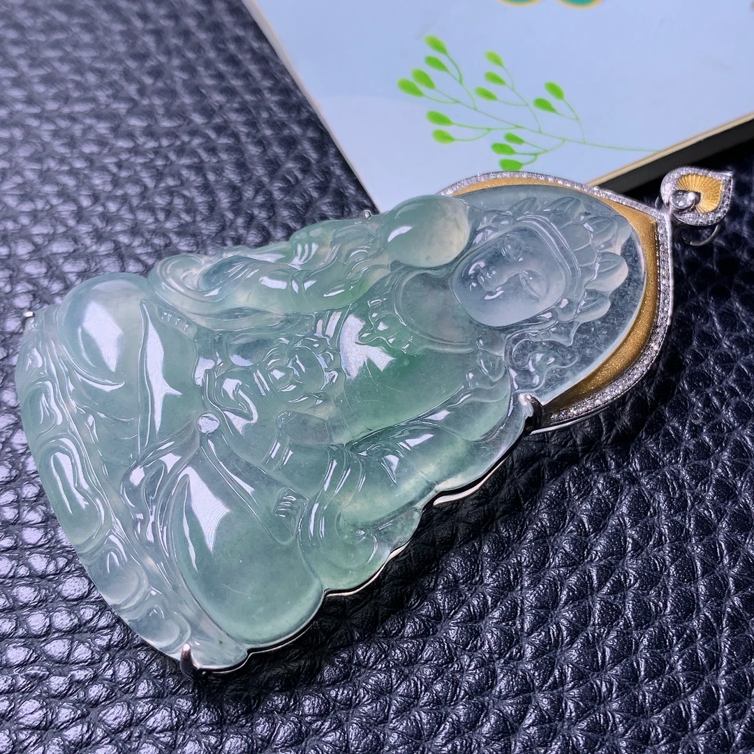 天然缅甸a货翡翠高冰种飘绿莲花观音菩萨玉吊坠18k金镶68/37/9