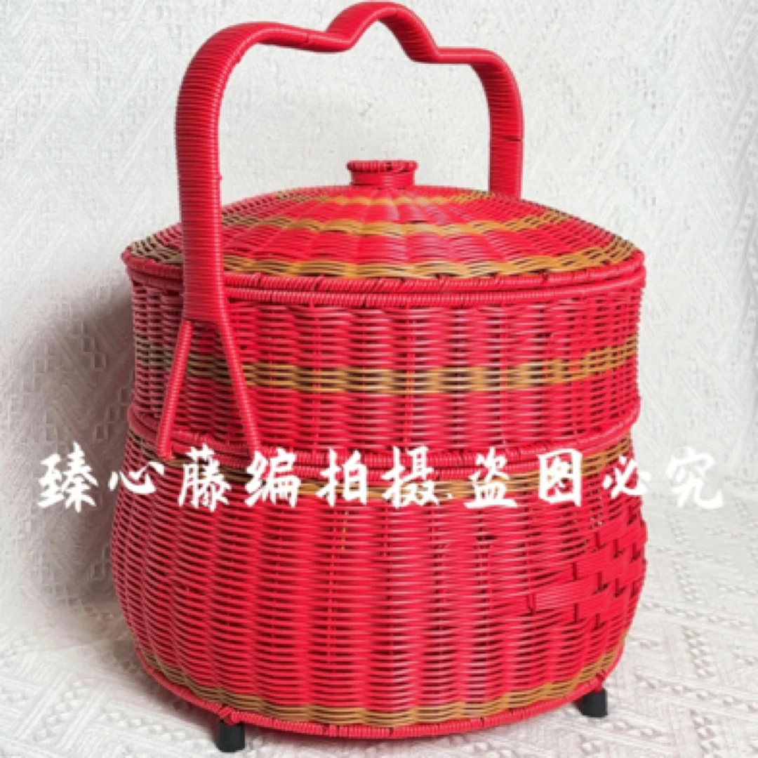 红色圆形双层（加脚）家用藤编编篮仿藤拜神篮野餐篮复古纯手工篮子