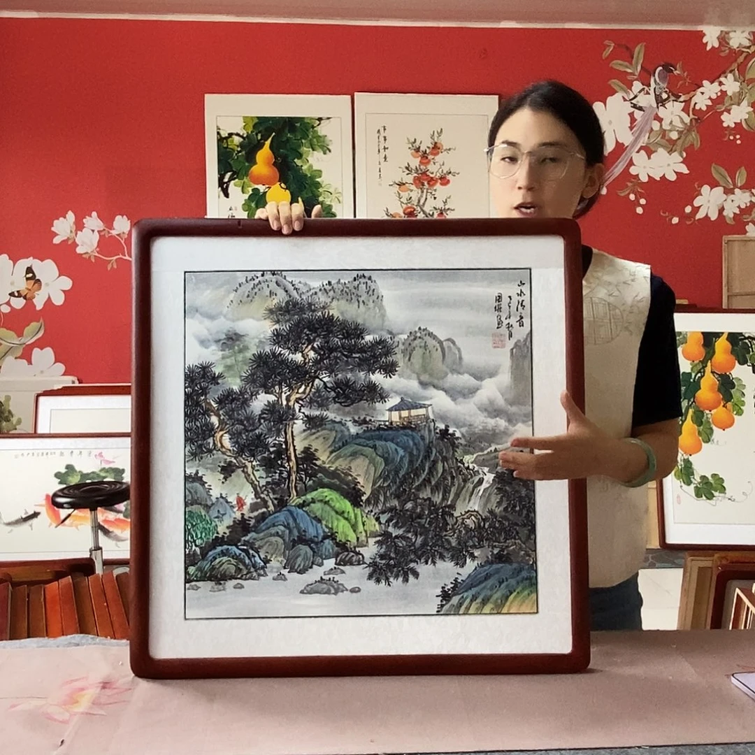 国画手写手绘国画作品带框包邮62✖️62