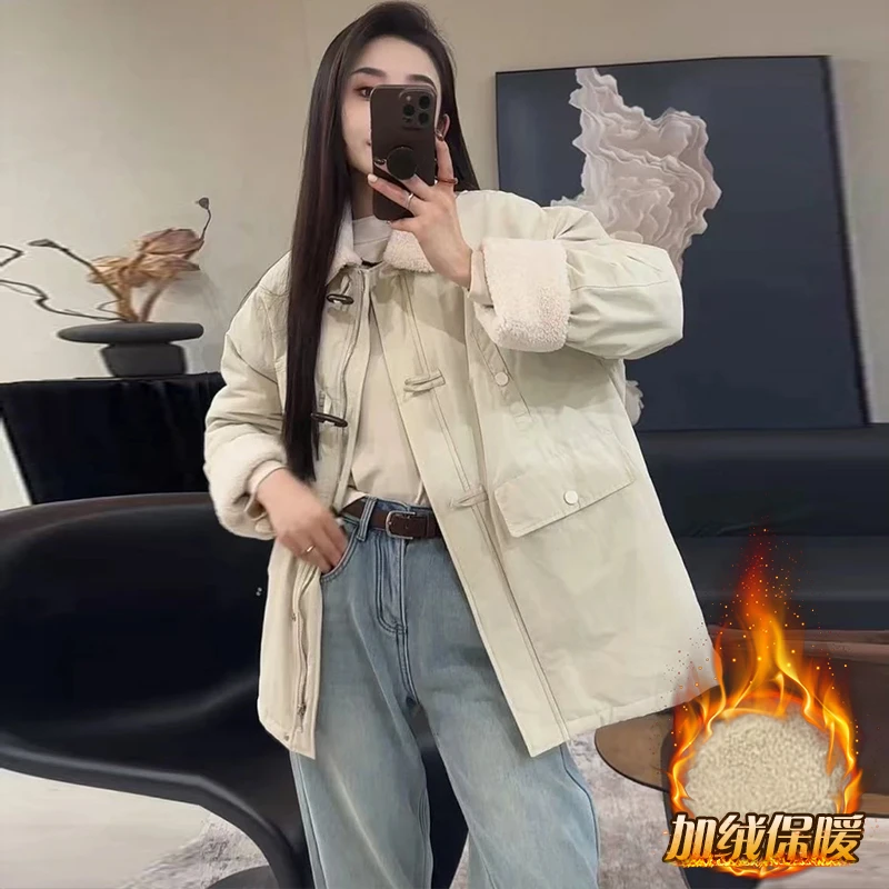 毛毛拼接牛角扣棉服女冬季2025新款韩系小个子保暖加厚棉衣外套