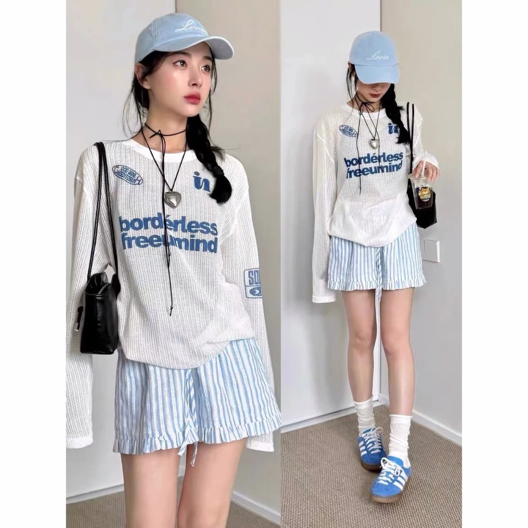 国潮牌夏季休闲防晒针织长袖镂空防晒罩衫女新款宽松百搭遮肉上衣