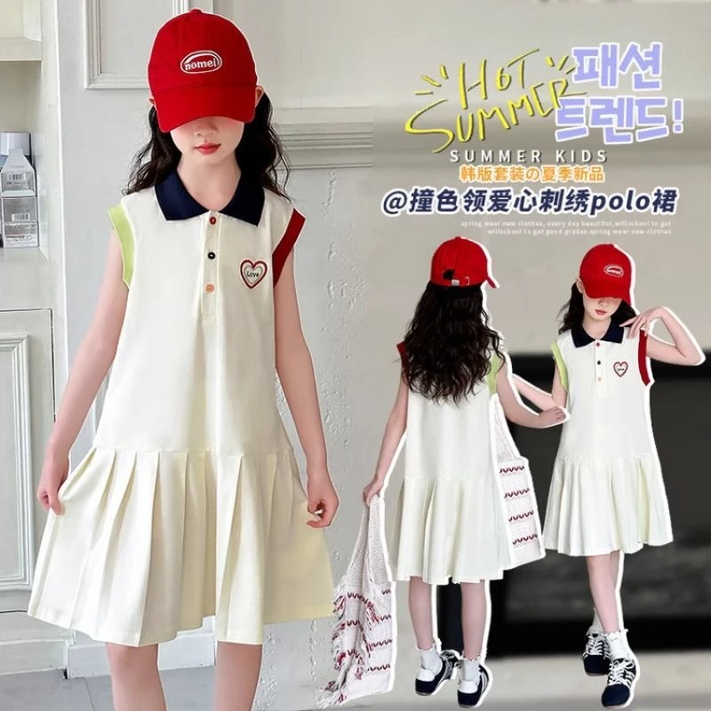 儿童学院风背心裙女大童翻领POLO裙子女童夏装无袖连衣裙新款洋气