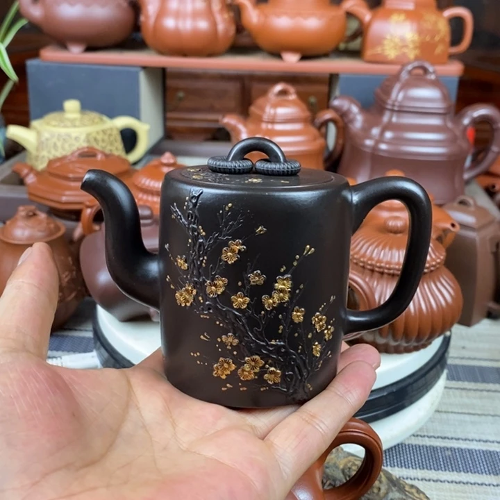 紫砂茶壶双圈240cc原矿矿赵庄朱泥捂灰、堆花描金工艺特价