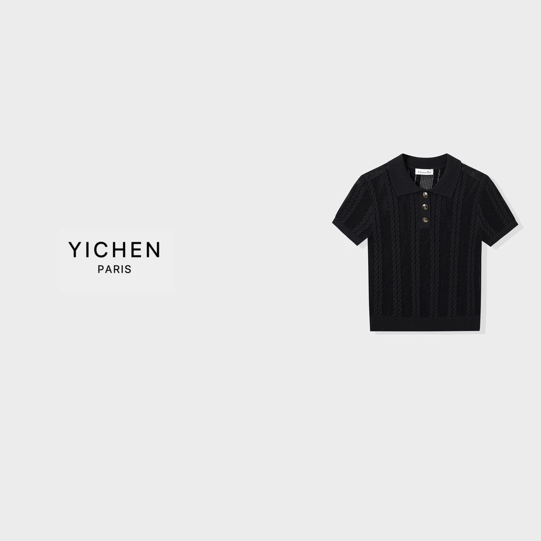 YC 纯黑/纯白经典翻领镂空绞花针织短袖-6226