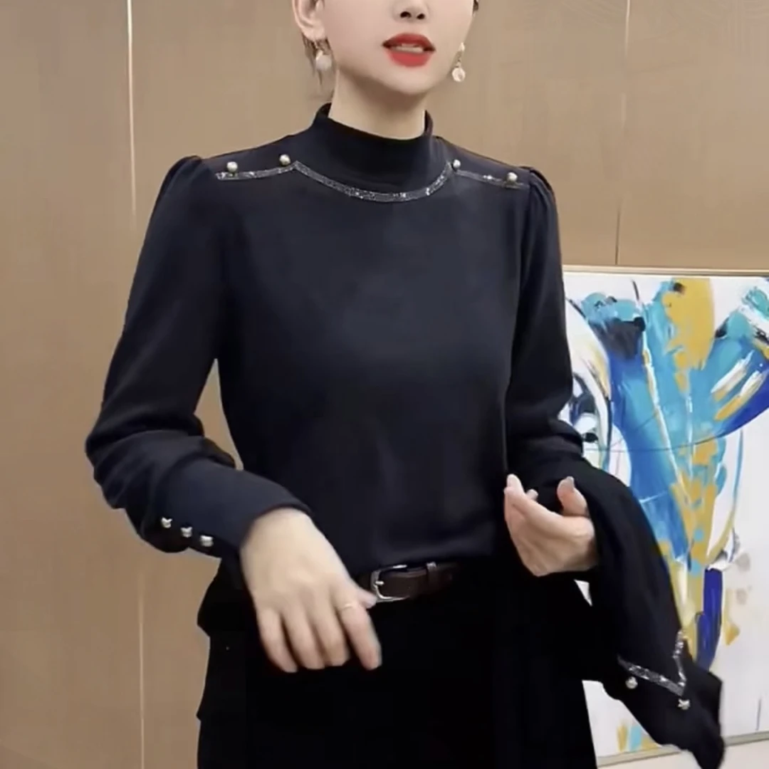 秋冬保暖打底长袖烫钻钉珠高级复古洋气时尚显瘦小衫上衣5250